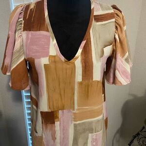 Entro Pink and White Boxy Short Ruffle Sleeve Blouse